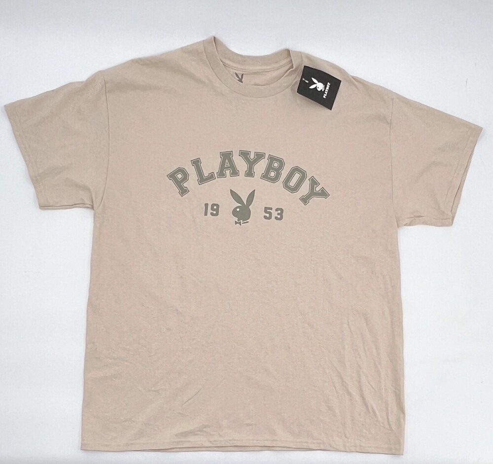 New Playboy Shirt Men Extra Large Beige T-Shirt Crew Neck Pullover Logo